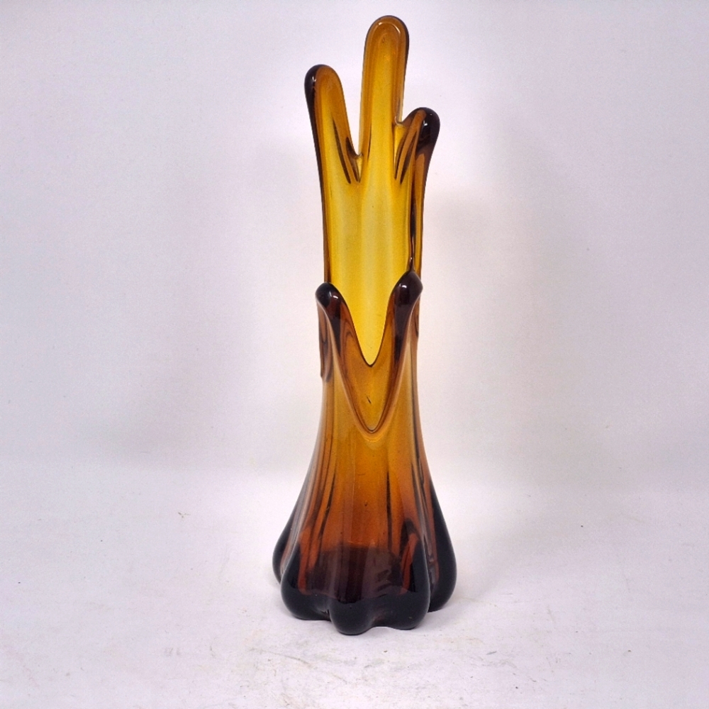 Vintage MCM Amber Five Finger Swung Glass Vase